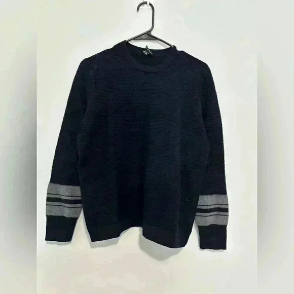 Theory Womens Merino Wool Knit Sweater Size XL Navy Blue Long Sleeve Striped - Picture 1 of 4